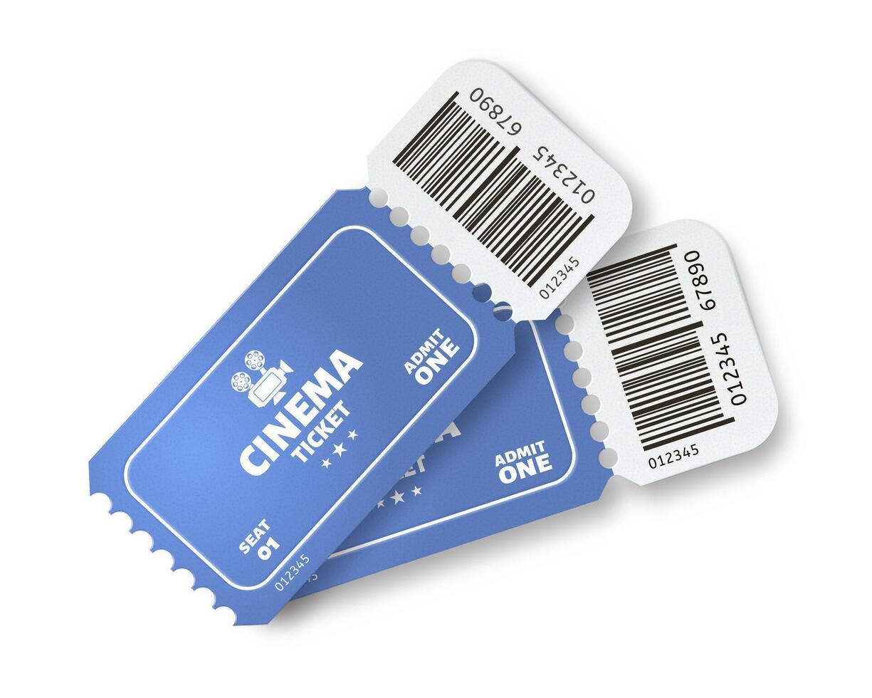 Two cinema tickets. Movie admit one blue paper ticket with realistic shadow vector concept. Vouchers with barcodes. Coupons with tear off elements. Event pass samples. Digital identification