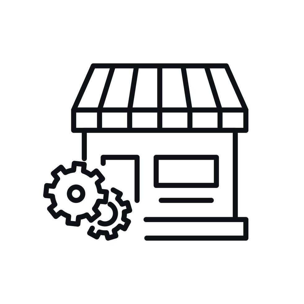 Cogwheels by Store Isolated Line Icon. Perfect for web sites, apps, UI, internet, shops, stores. Simple image drawn with black thin line vector