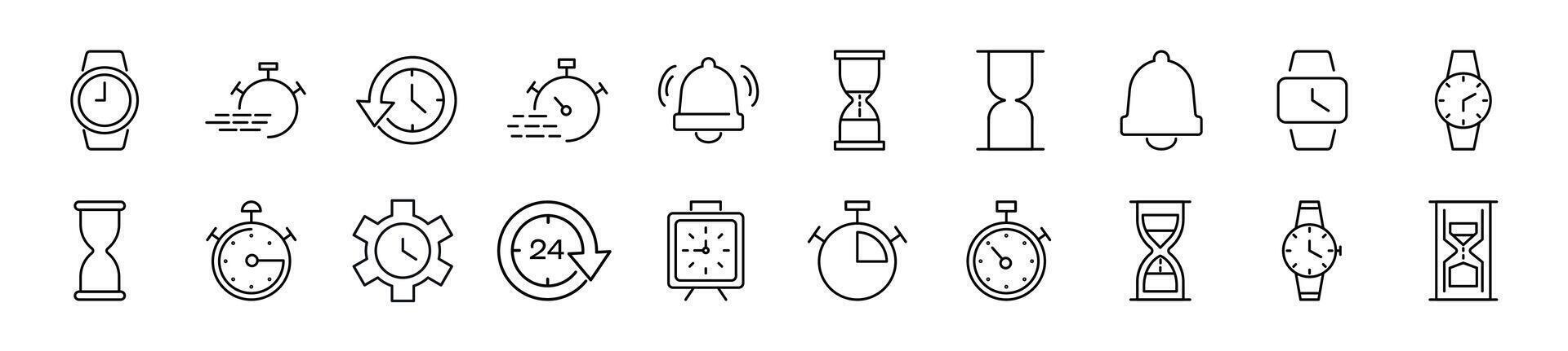 Collection of thin signs of clock. Editable stroke. Simple linear illustration for stores, shops, banners, design vector