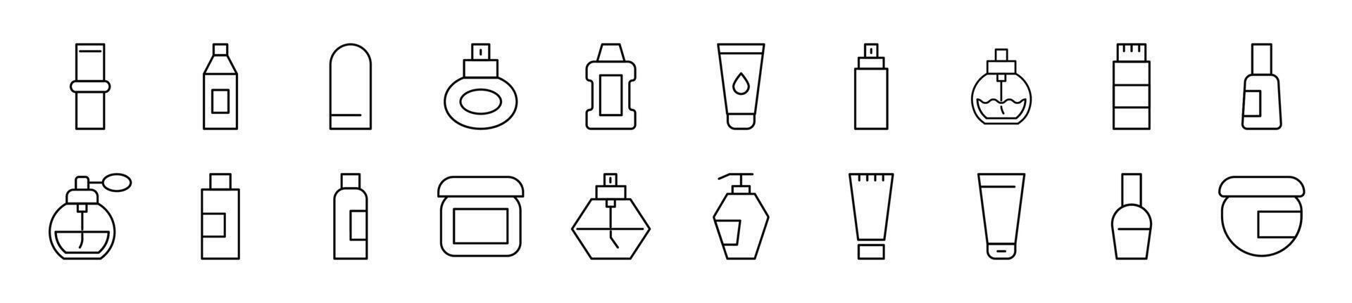 Set of line icons of cosmetic bottles. Editable stroke. Simple outline sign for web sites, newspapers, articles book vector