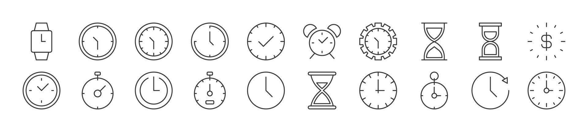 Clock as time linear vector icons collection. Editable stroke. Simple linear illustration for web sites, newspapers, articles book