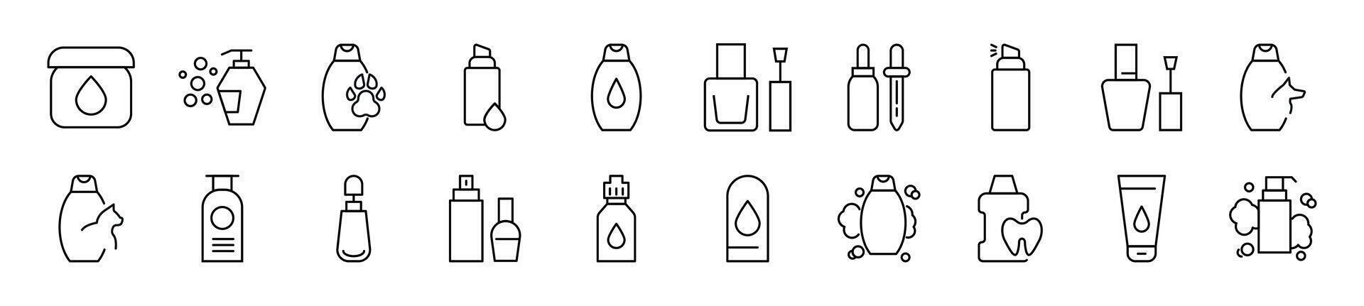 Set of line icons of cosmetic bottle. Editable stroke. Simple outline sign for web sites, newspapers, articles book vector