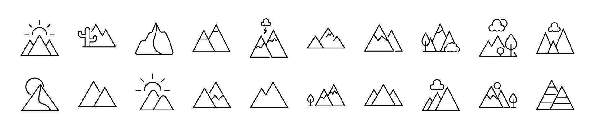 Collection of thin signs of mountain. Editable stroke. Simple linear illustration for stores, shops, banners, design vector
