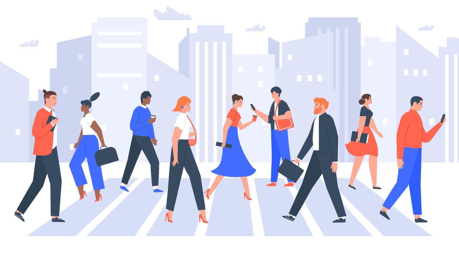 Business people cross road. People in city crosswalk, office workers walking on crowded. Businessman and businesswoman crosswalk vector illustration
