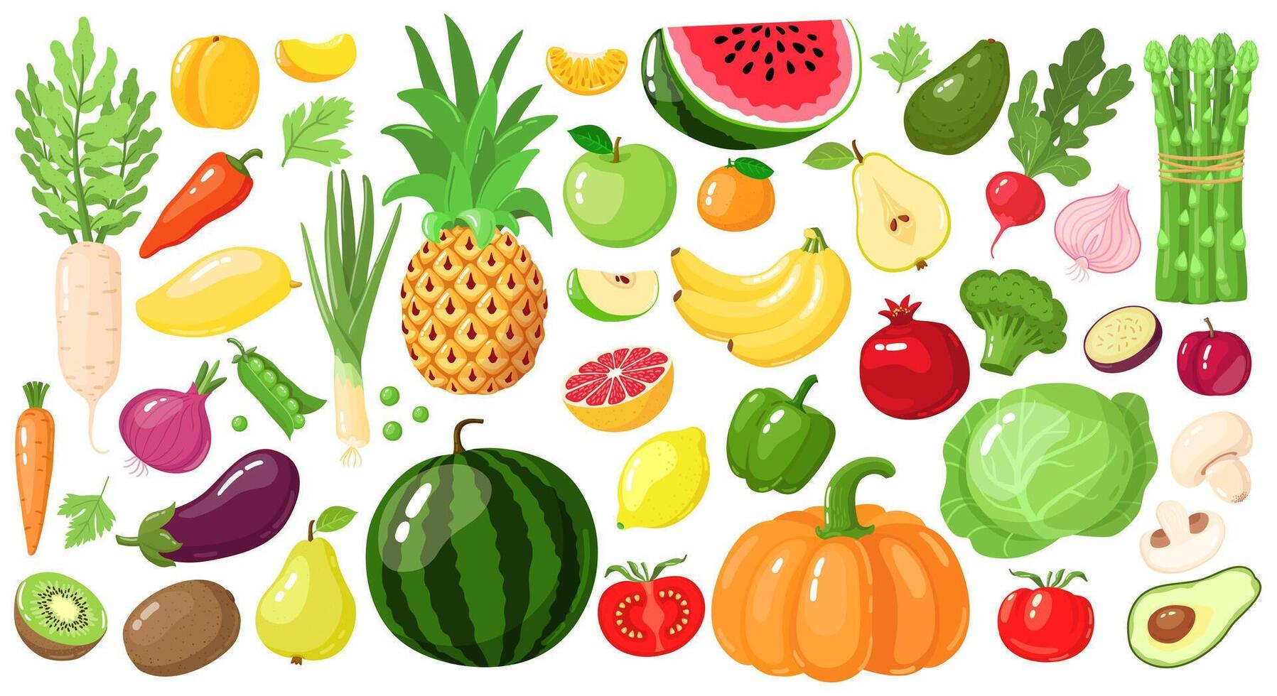 dibujos animados frutas y vegetales. vegano estilo de vida alimento, orgánico nutrición vegetal y fruta, palta, espárragos y mango vector ilustración conjunto