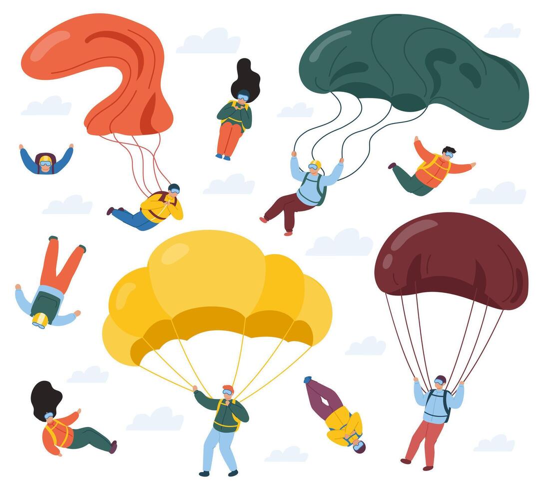 Skydivers with parachutes. Extreme parachuting and skydiving sport, people falling with parachutes. Sky jumpers vector illustration set