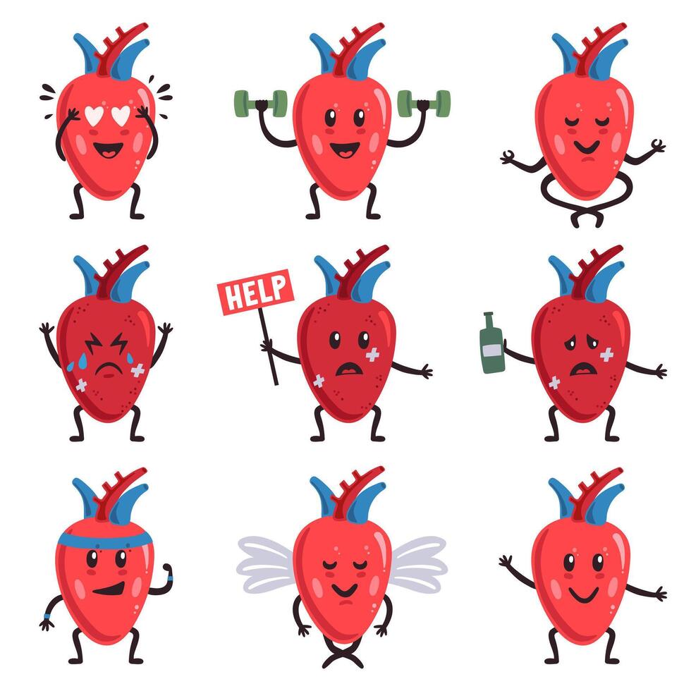 Cute heart characters. Healthy and sick unhealthy cute heart characters, medical human organ, sad and happy heart organ vector illustration set