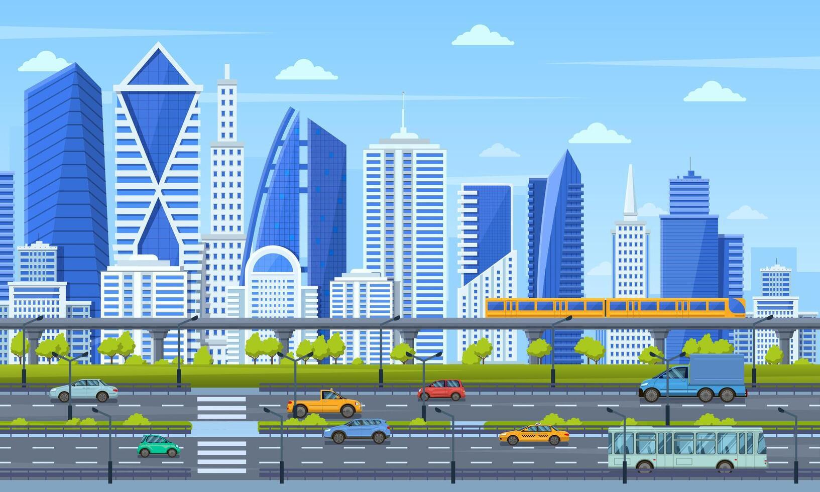Cityscape infrastructure. Modern city architecture cityscape, urban town panoramic view, subway train, traffic city road view vector illustration
