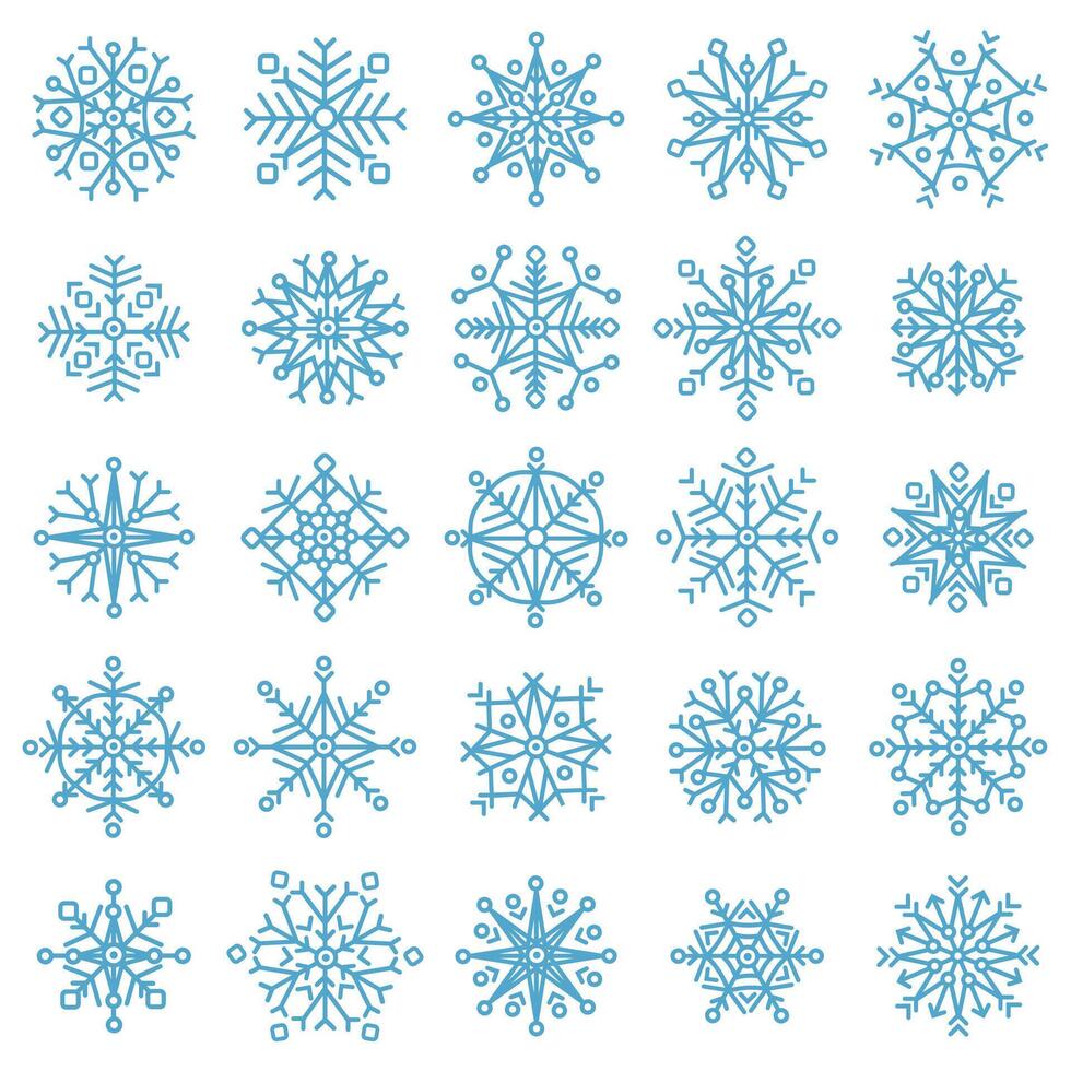Snowflake stars. Winter frost snowflakes, xmas snowfall ornament, blue ice stars silhouette vector illustration symbol set