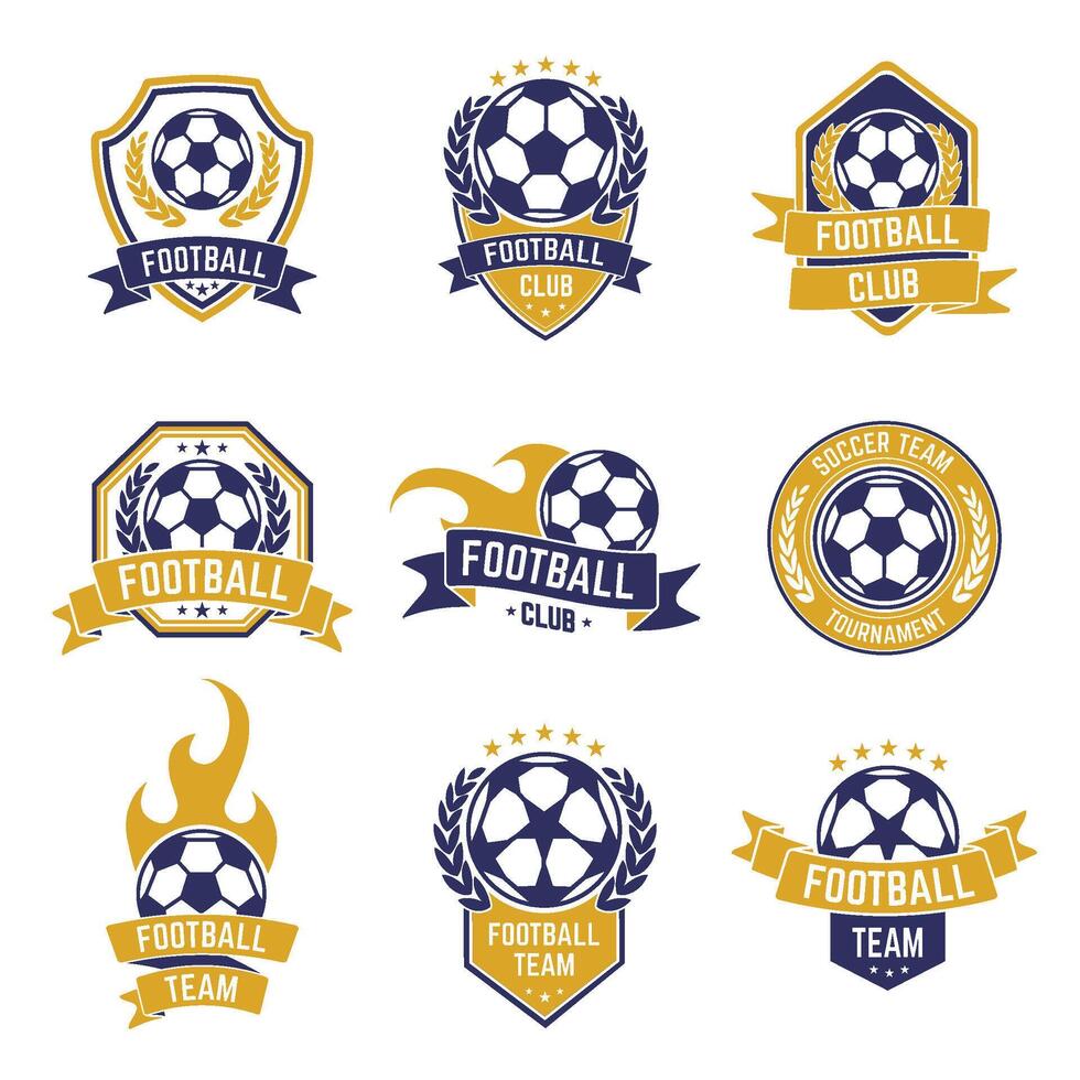 Football team labels. Soccer ball club logo, sport leagues championship stickers, football competition shield emblems vector isolated icon set