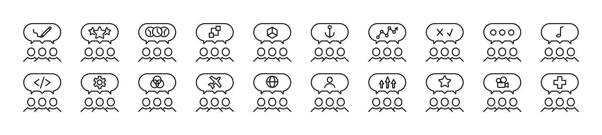 Bundle of linear symbols of people with speech bubble. Editable stroke. Linear symbol for web sites, newspapers, articles book vector