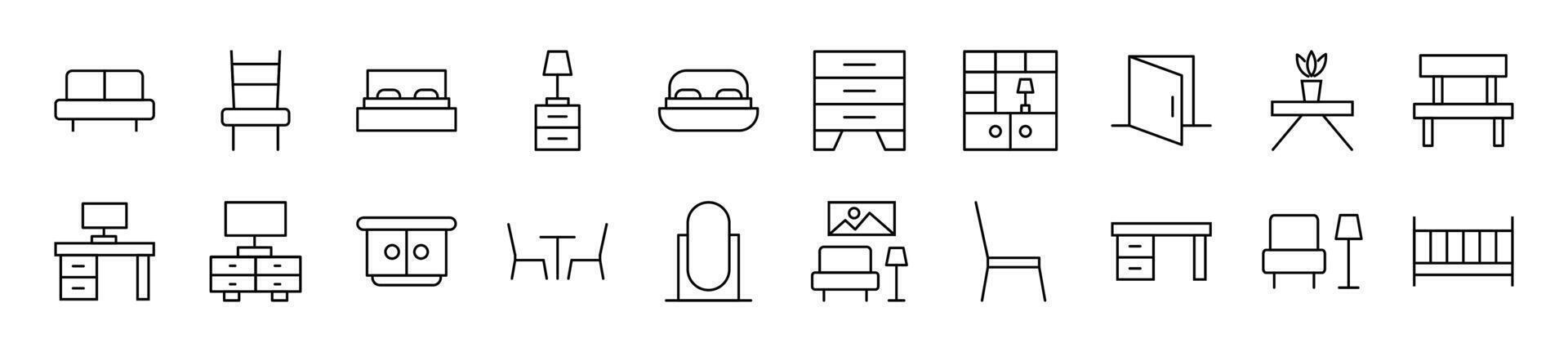 Vector images of sofa, table, bed and other furniture drawn with thin line. Editable stroke. Simple linear illustration for web sites, newspapers, articles book