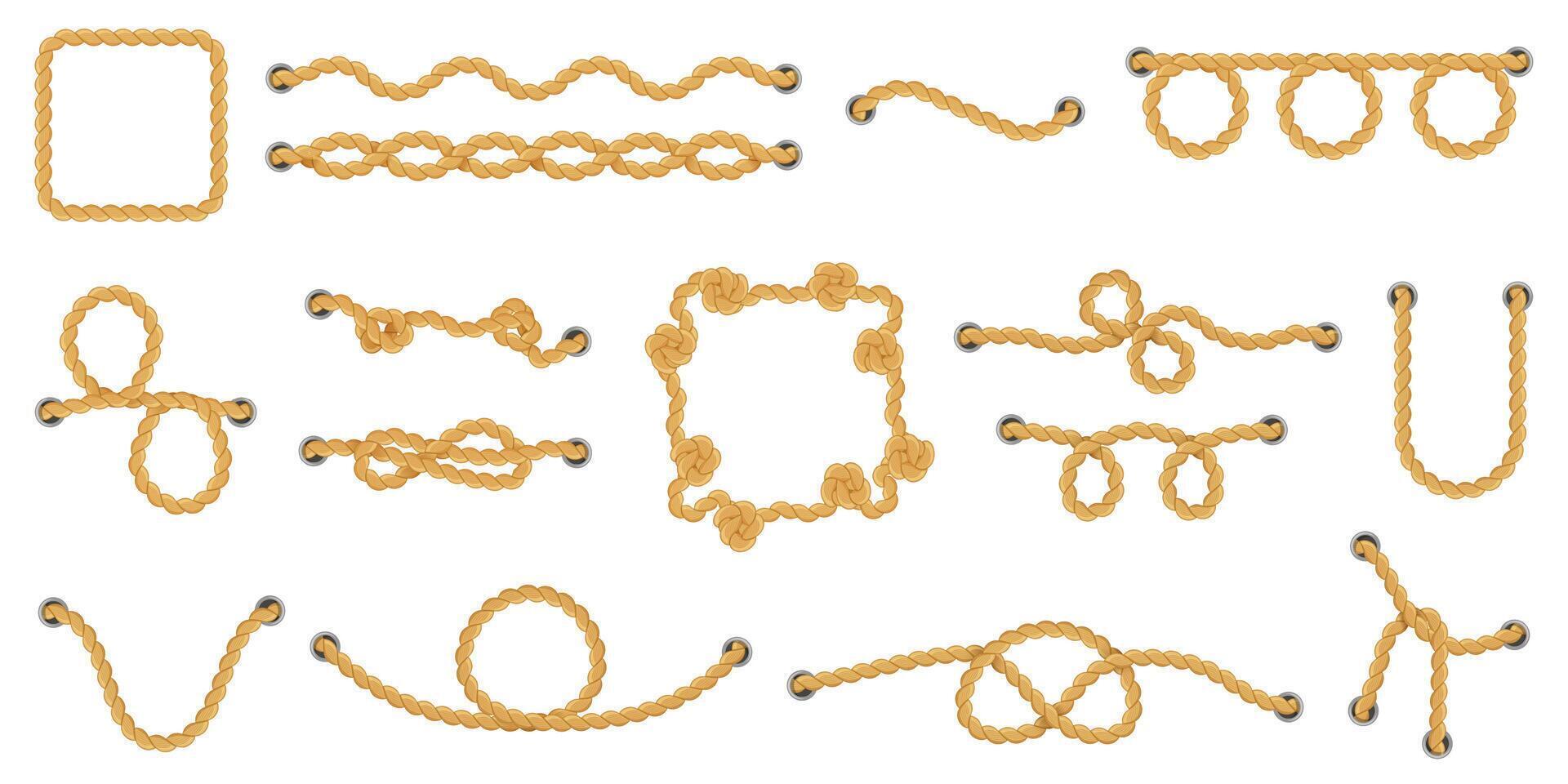 Nautical navy rope. Marine yacht decorative cordage knots, nautical knots, sea boat cord divider and marine ropes vector illustration icons set