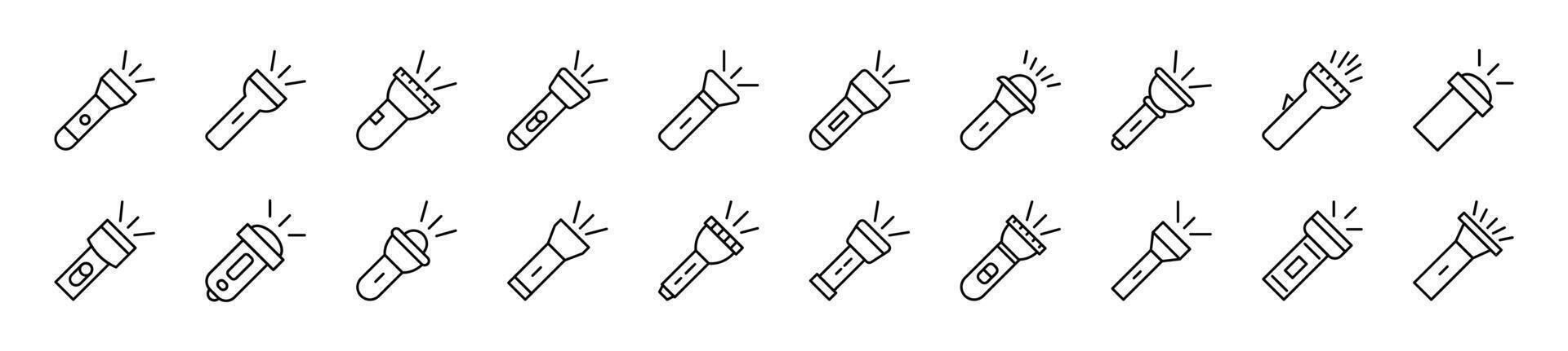 Pack of linear symbols of flashlight. Editable stroke. Linear symbol for web sites, newspapers, articles book vector