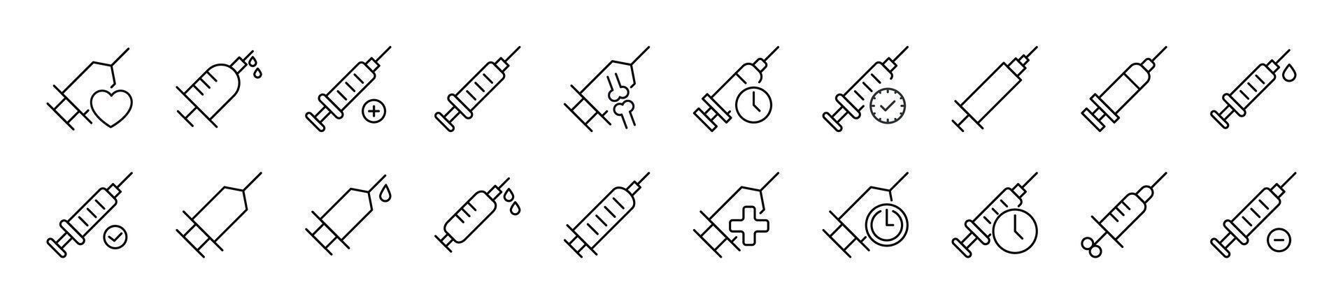 Collection of thin line icons of syringe. Editable stroke. Simple linear illustration for web sites, newspapers, articles book vector