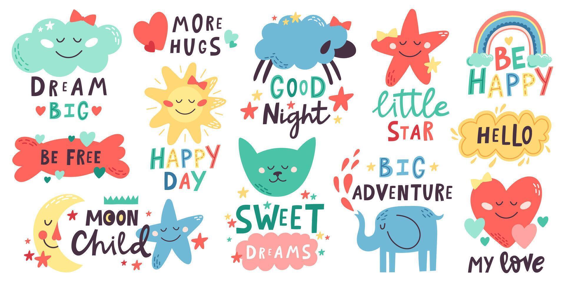 Cute kids lettering. Nursery hand drawn quotes with moon, clouds, stars, cute animals. Doodle baby shower or nursery room vector illustration set