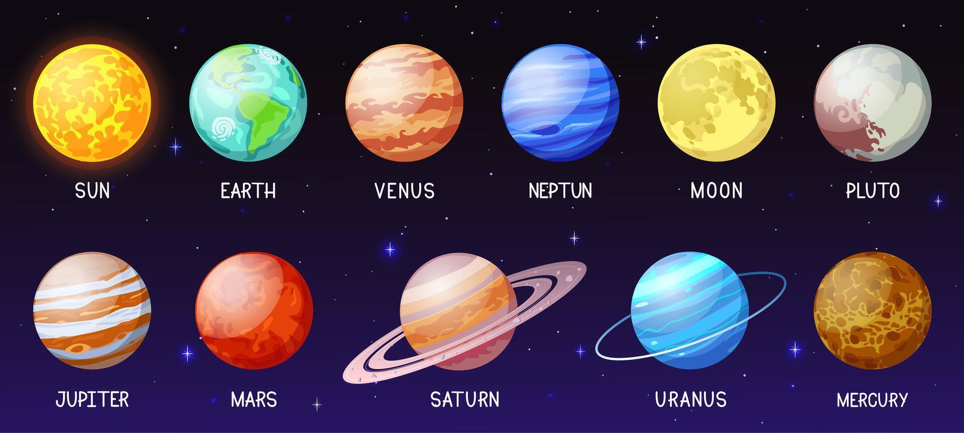 Cartoon solar system. Space planets, moon, sun, astronomical sphere earth mars mercury jupiter and venus. Galaxy space bodies vector illustration set