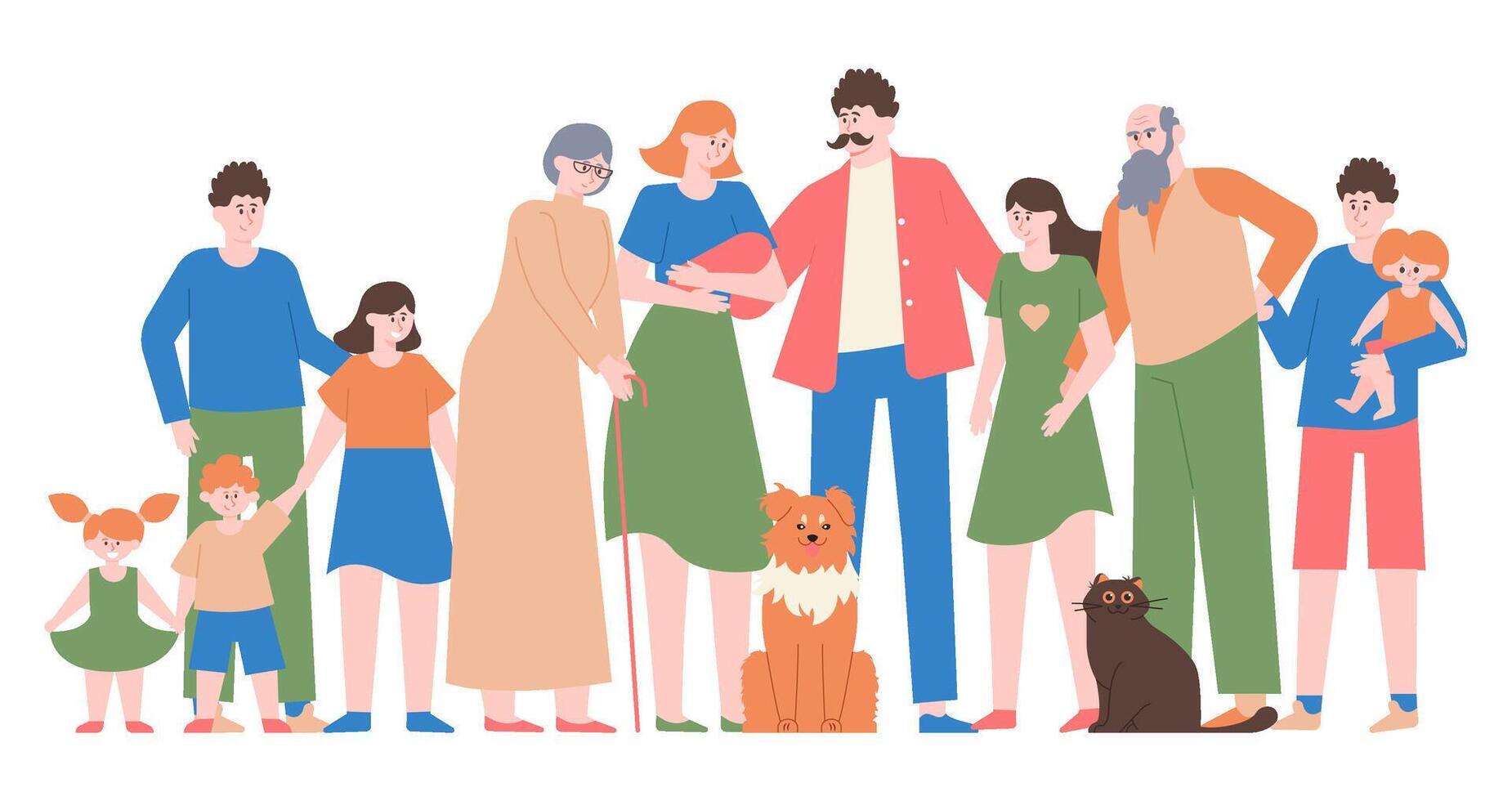Family portrait. Mom, dad, teenage daughter and son, happy family with children, different generations characters vector isolated illustration