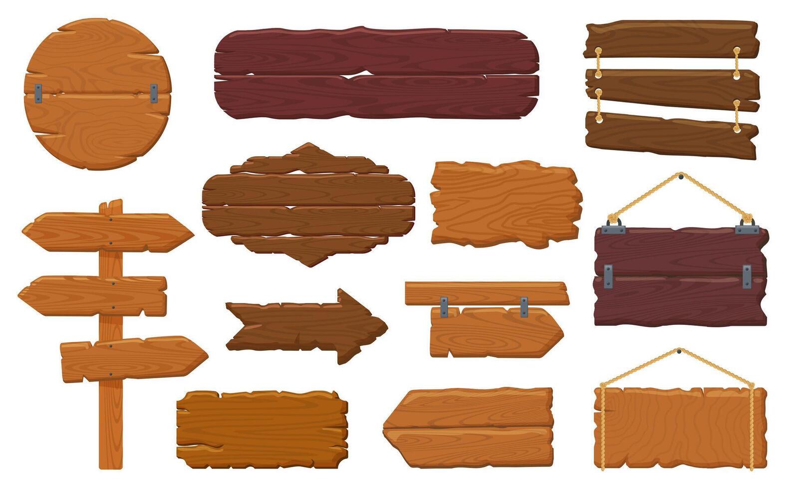 Wooden boards. Rustic wooden signboard, empty banners, hanging billboard and retro wood signs vector illustration icons set