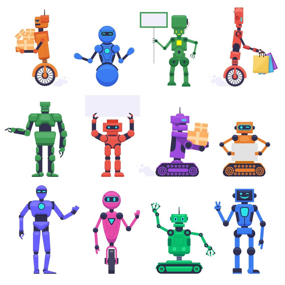 robot caracteres. robótico mecánico humanoide caracteres, chatbot asistente mascotas, tecnología androide larva del moscardón aislado vector ilustración conjunto