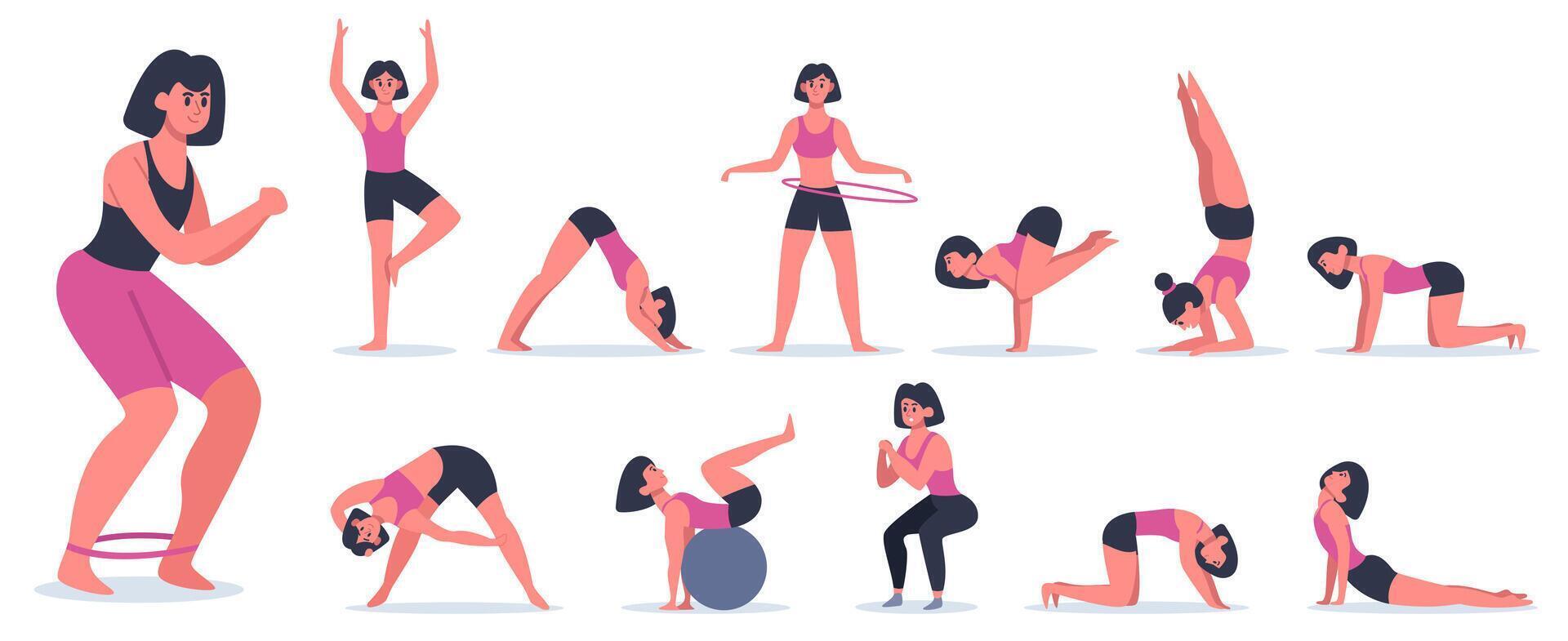 aptitud y yoga. juguetón joven mujer haciendo aptitud y yoga, pilates rutina de ejercicio y yoga asanas sano deporte estilo de vida vector ilustraciones