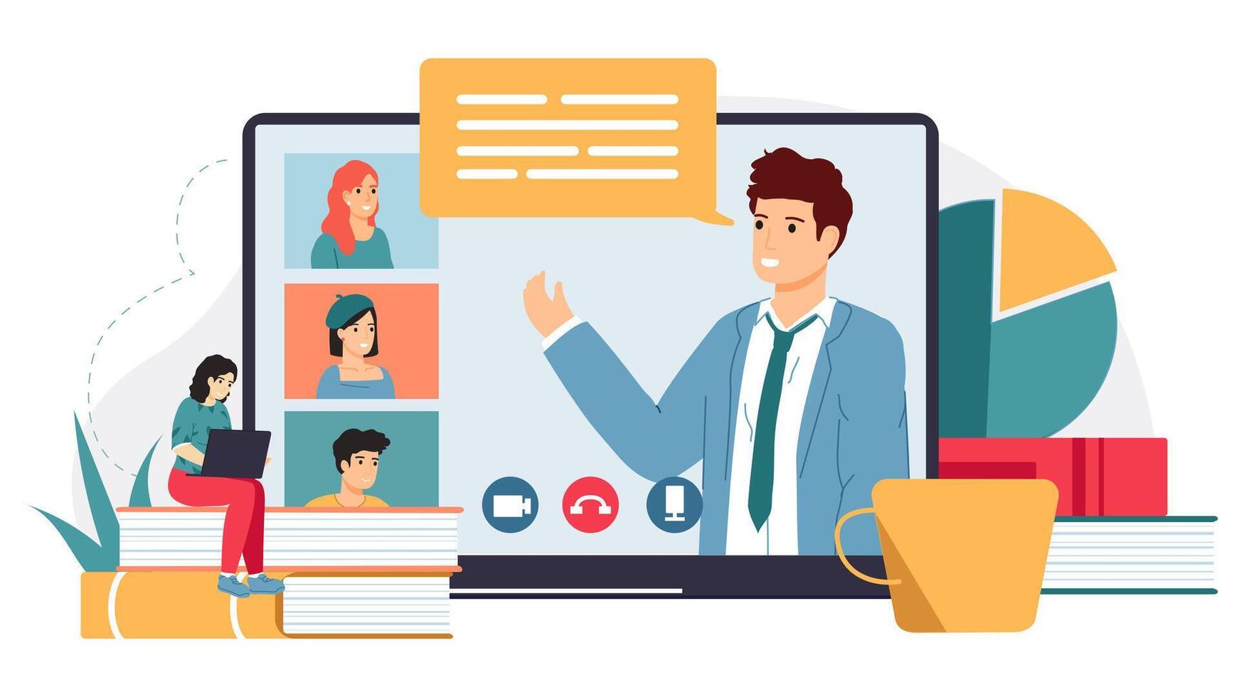 Online conference. Distance education, web courses or business meeting with manager, online distance education characters vector illustration