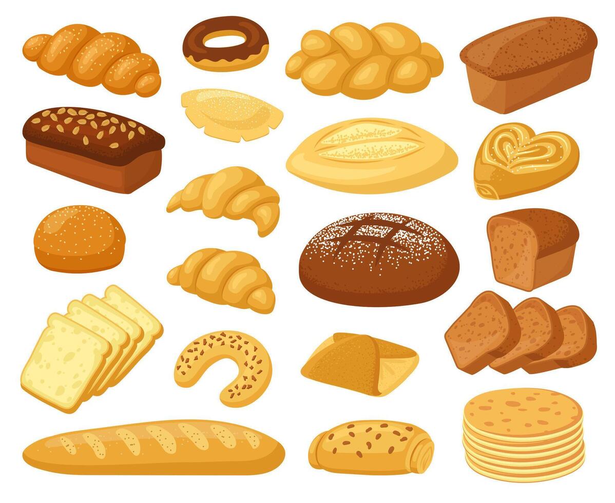 dibujos animados un pan. panadería productos, rodar junquillo, un pan pan y tostada, dulce rosquilla, pastel y cuerno. Pastelería trigo productos vector ilustraciones