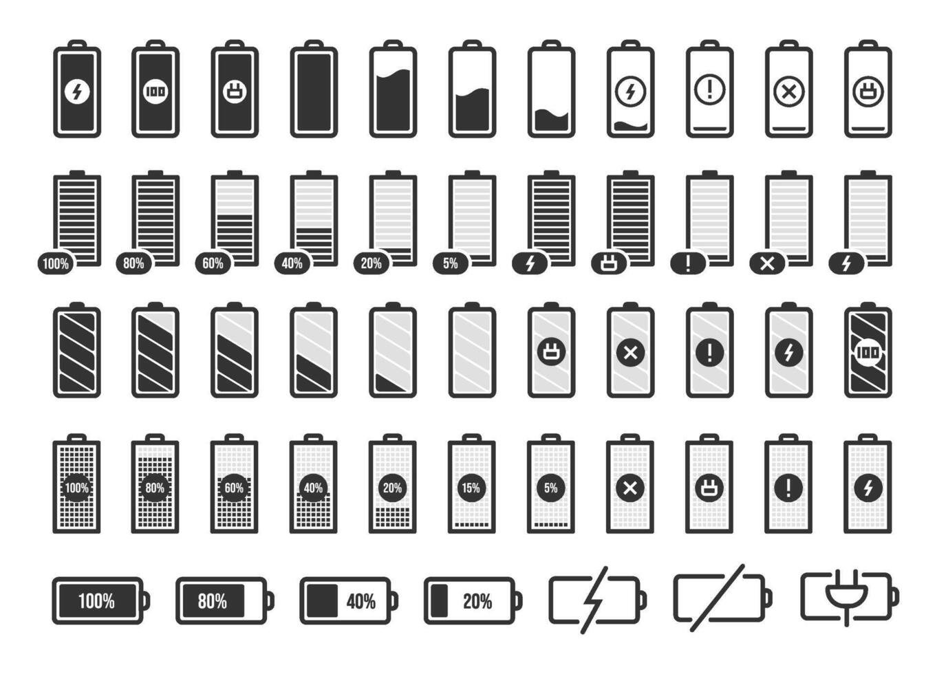 Battery charge symbols. Accumulator energy full and empty status, smartphone charge level UI elements vector isolated icons set. Device charging glyph icons. Black powered indicator signs