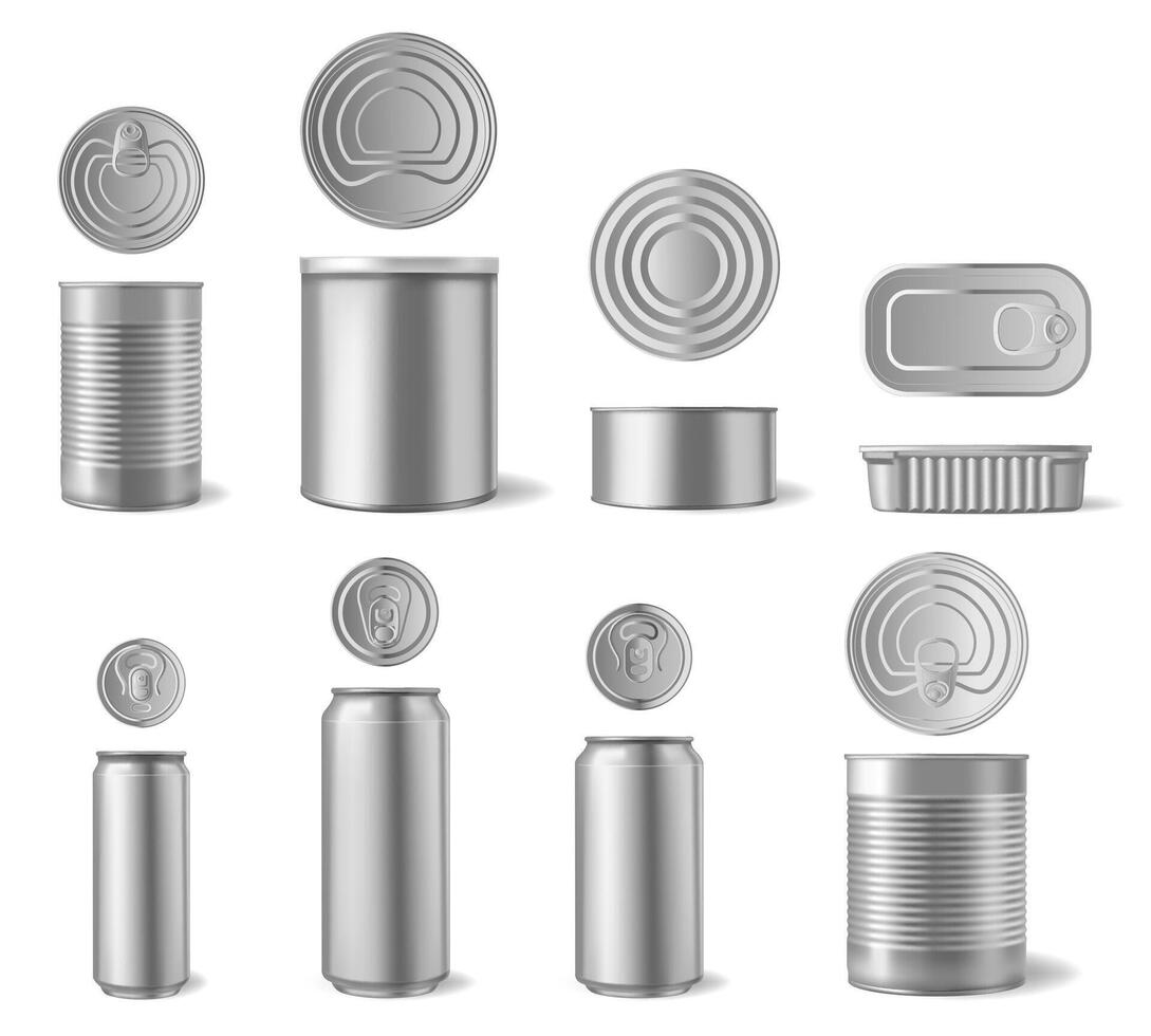 Realistic aluminium can. Beverages and canned food cans, metal packaging different shapes front and top view 3D vector set