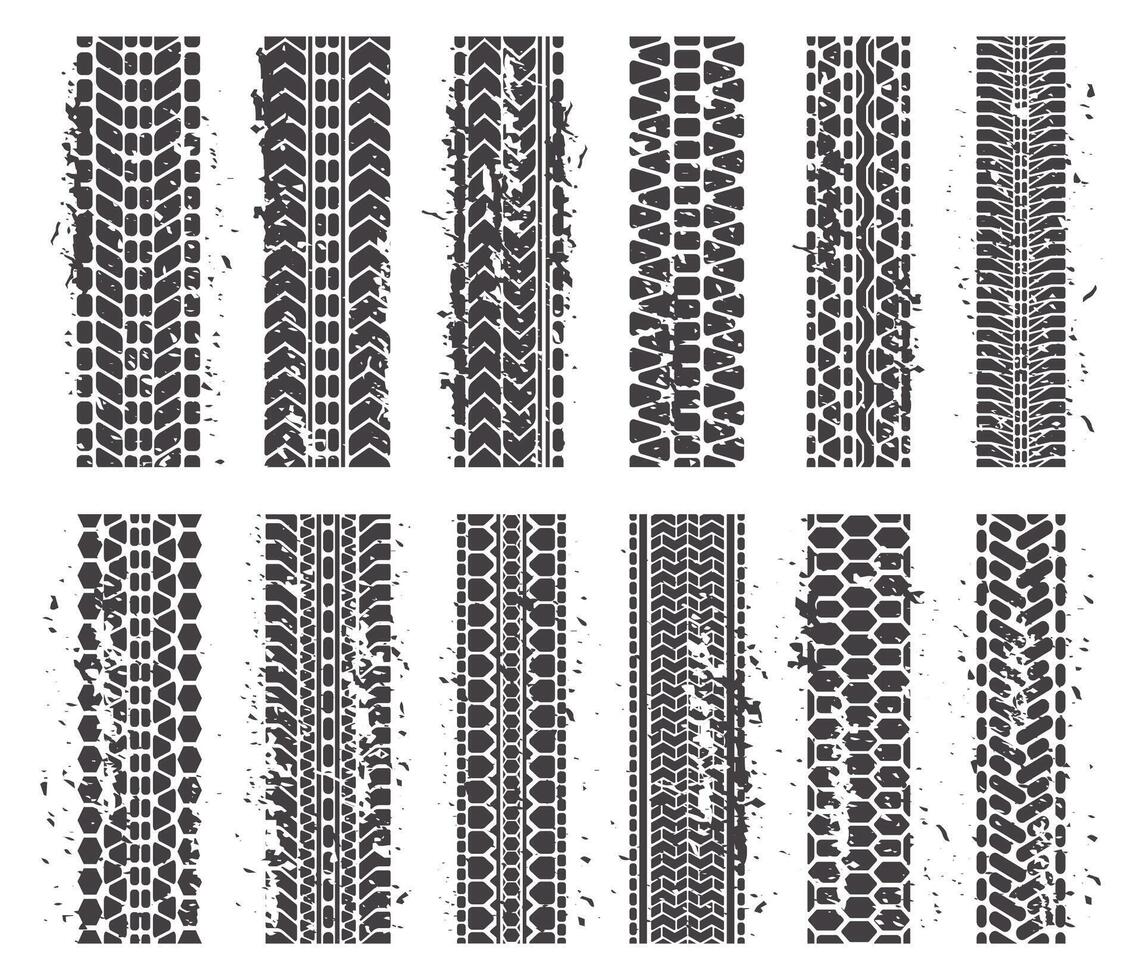 Tire marks. Car tire dirty grunge texture treads, automobile or motorcycle tire tracks texture. Sport tire tracks isolated vector symbols set