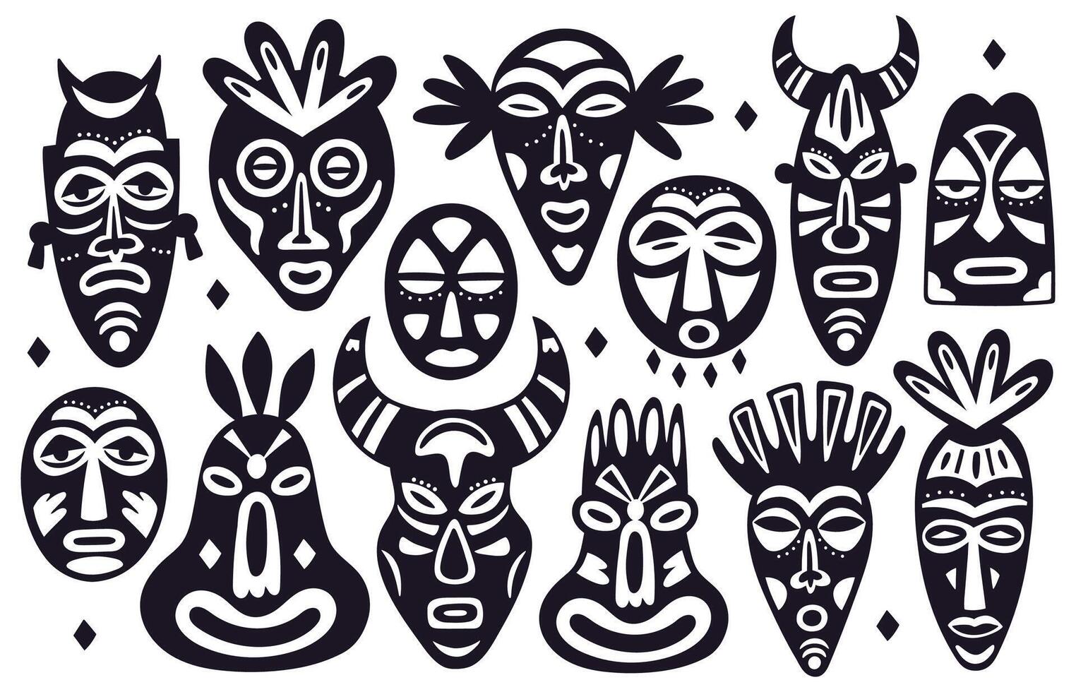 Tribal masks silhouettes. African ancient totem religion face masks, hand drawn hawaii ethnic face masks, ritual masks vector illustration set