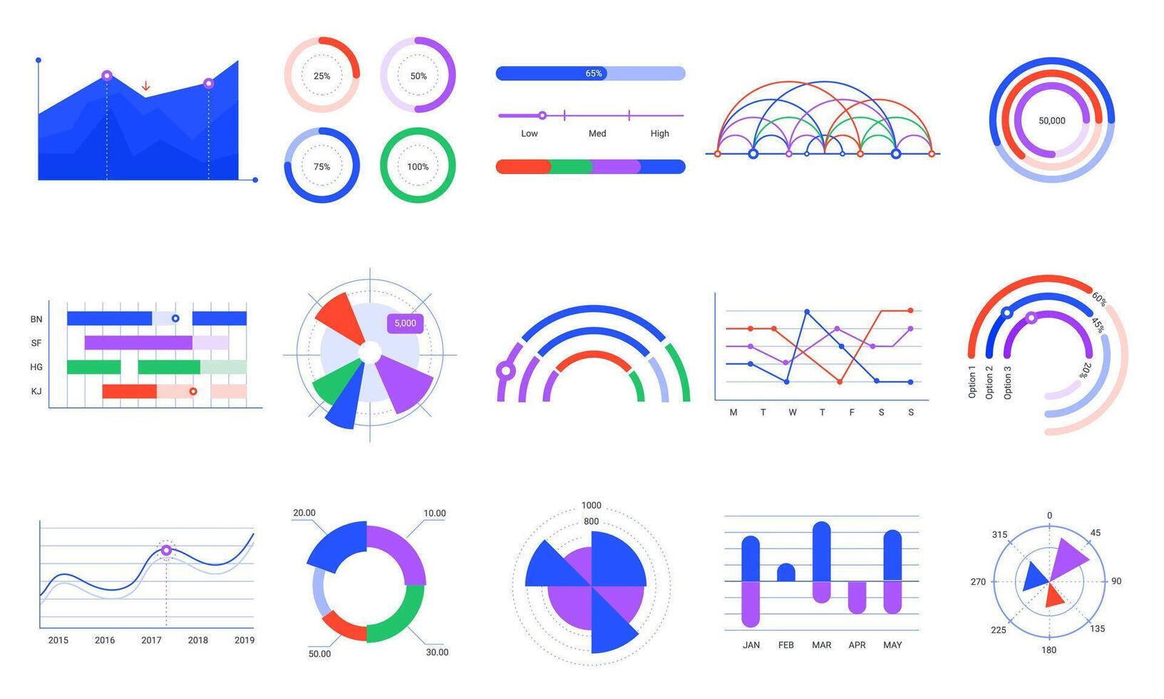 Graph charts. Colorful diagrams, statistics dashboard chart and infographic elements vector set. Stock market analytics, financial audit infochart isolated on white background. Sales rate monitoring