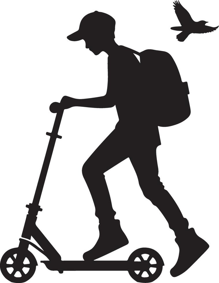 minimal Two wheeled Kick scooter with Raider vector silhouette, black color silhouette, white background 17