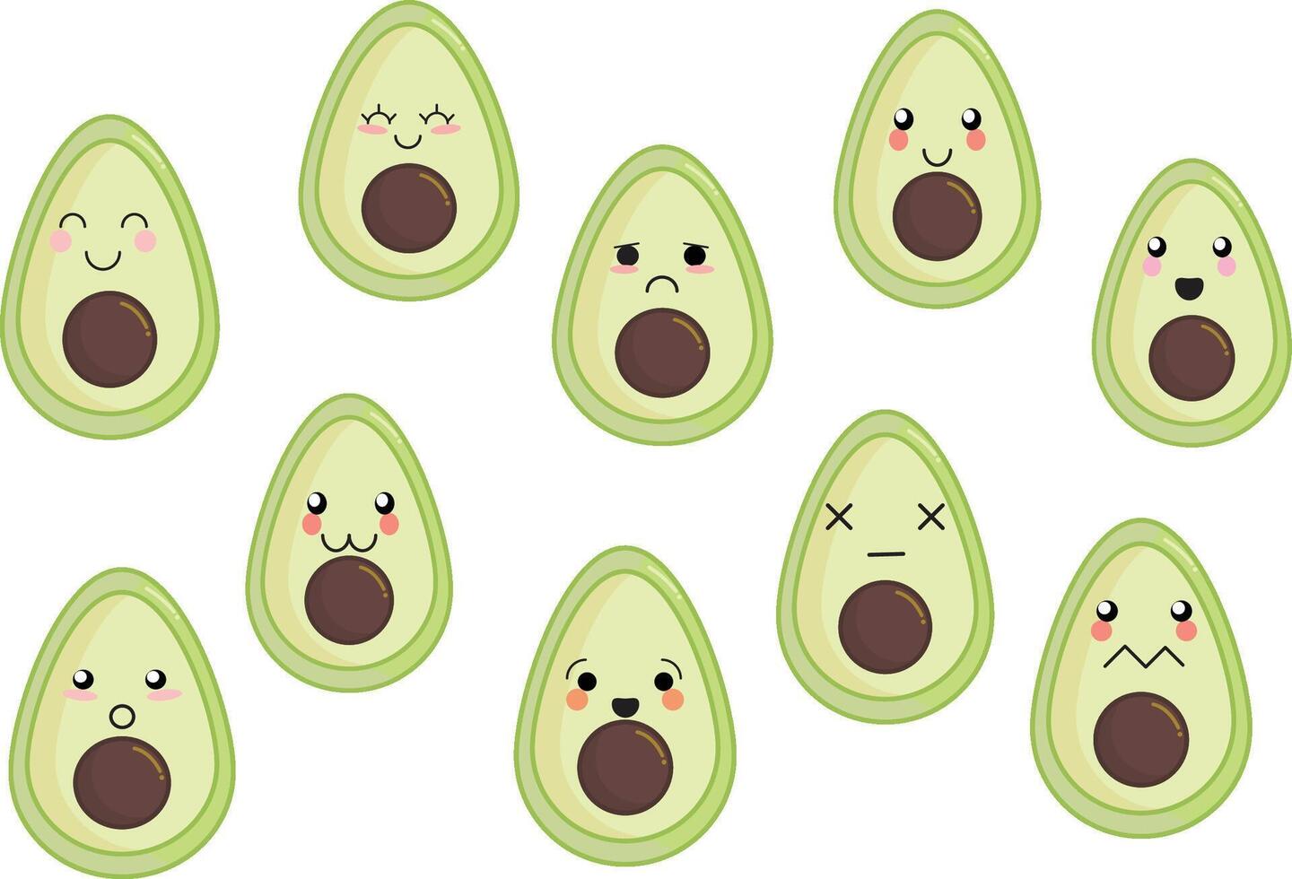 Set of avocado shaped emoji with different mood. Kawaii cute clouds emoticons and Japanese anime emoji faces expressions. vector