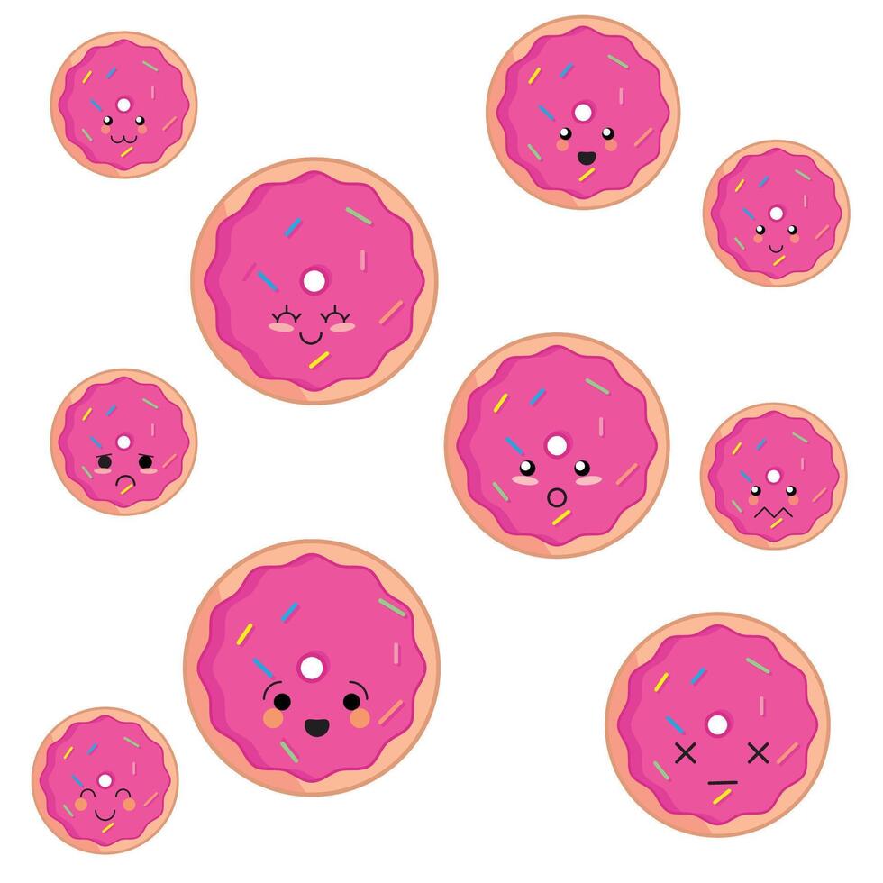 conjunto de rosquilla conformado emoji con diferente humor. kawaii linda nubes emoticones y japonés anime emoji caras expresiones vector