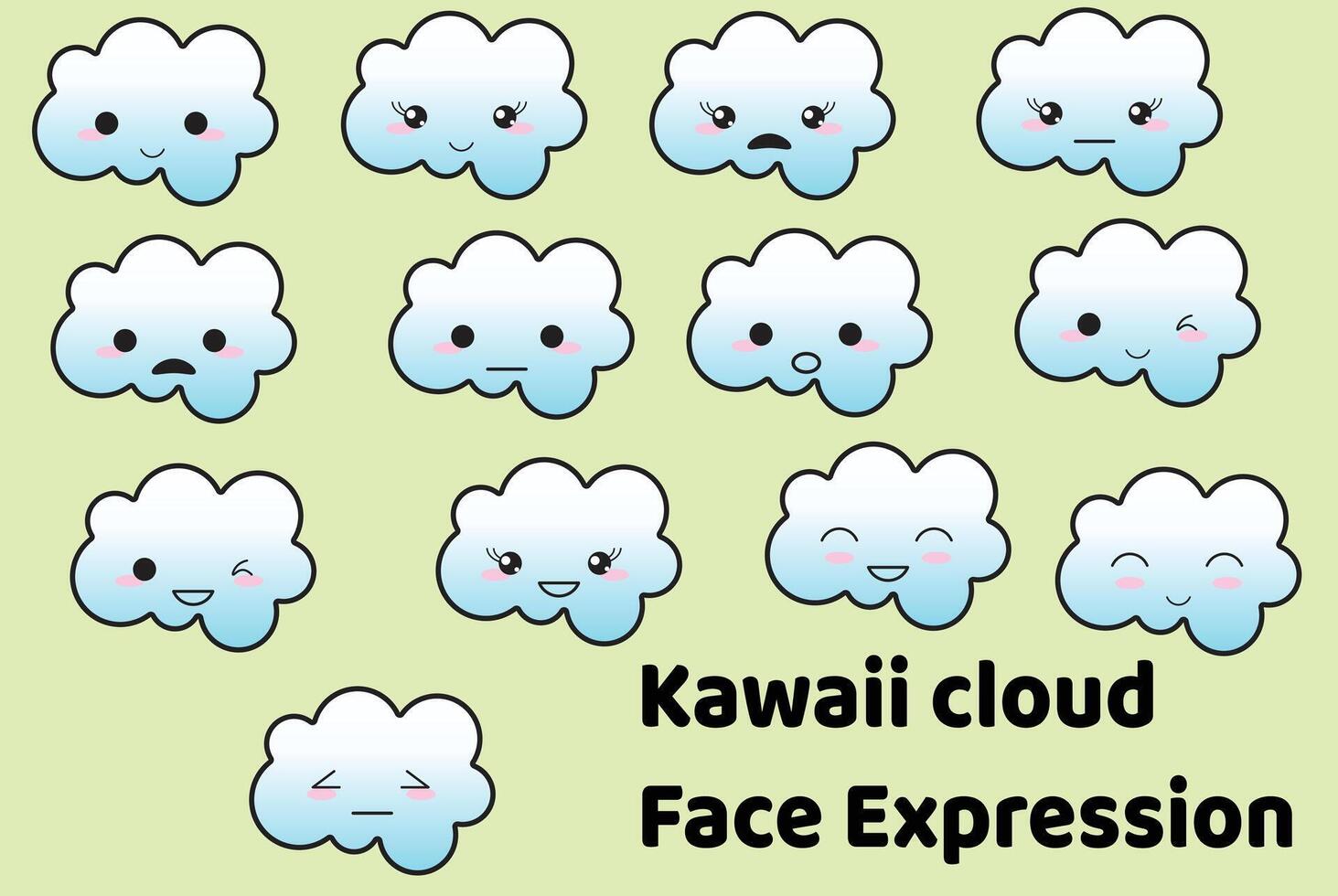 Set of cloud shaped emoji with different mood. Kawaii cute clouds emoticons and Japanese anime emoji faces expressions. vector