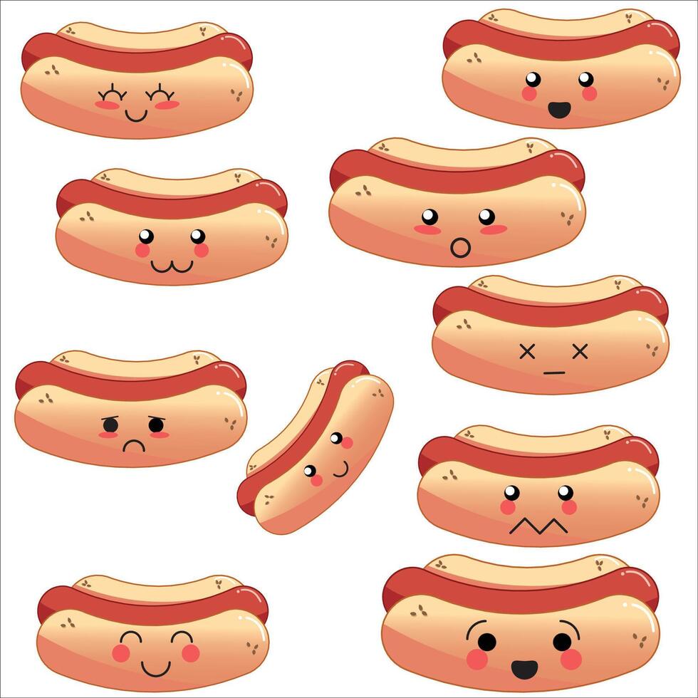 Set of hot dog shaped emoji with different mood. Kawaii cute clouds emoticons and Japanese anime emoji faces expressions. vector