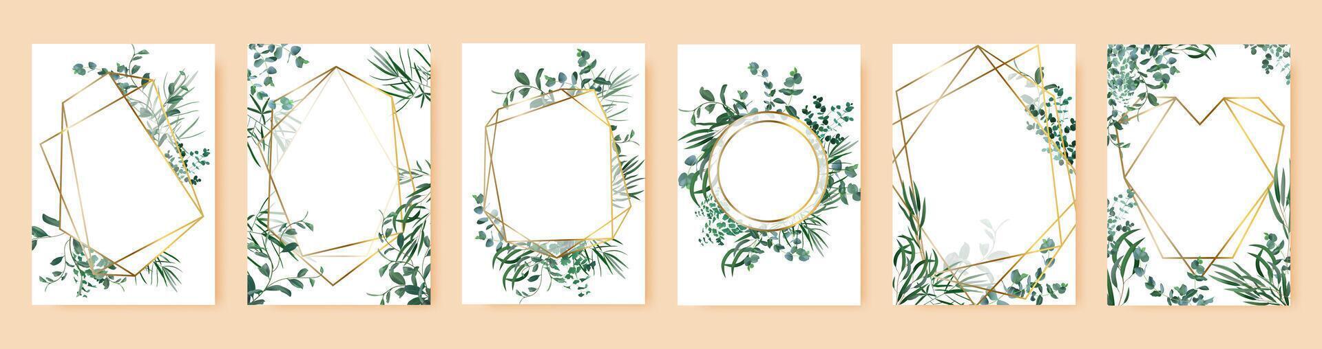 Green leaf frames. Spring wedding invitations, floral branches gold geometric borders. Elegant floral frames vector isolated symbols set