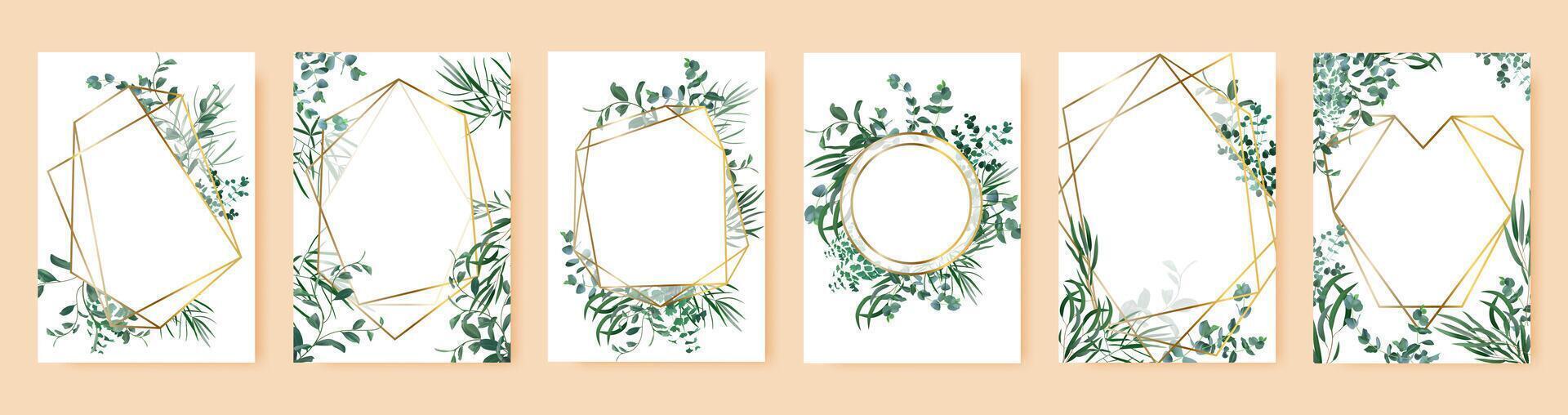 verde hoja marcos primavera Boda invitaciones, floral ramas oro geométrico fronteras elegante floral marcos vector aislado símbolos conjunto