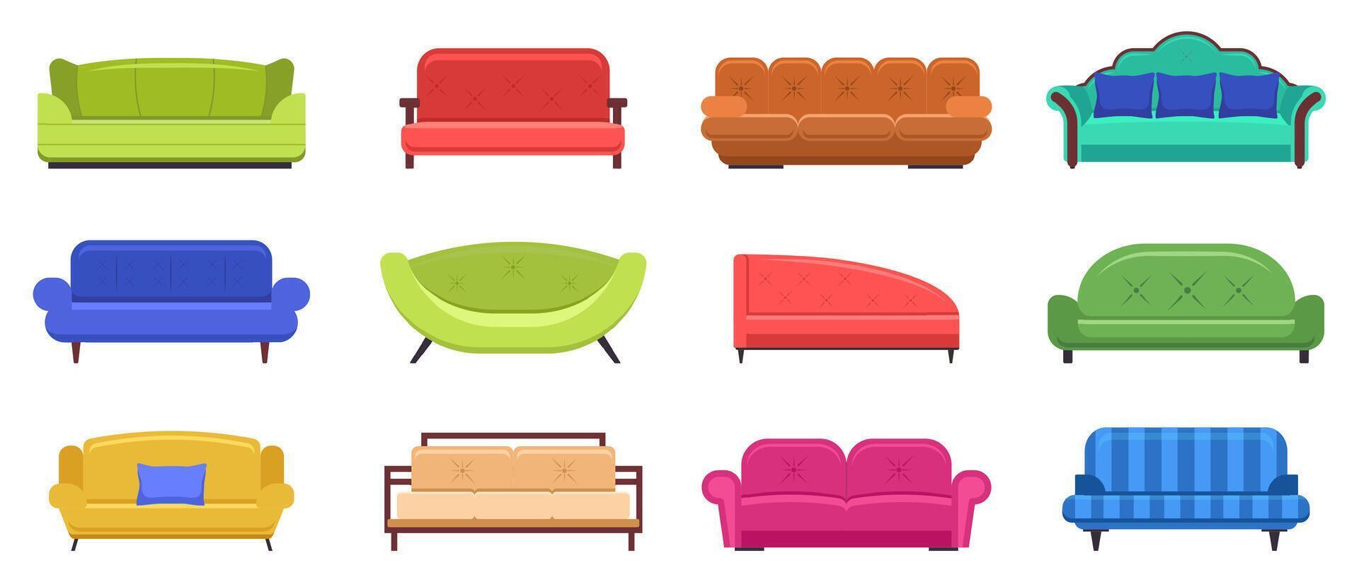 Couch furniture. Comfortable sofas, apartment interior couch furniture, modern domestic couch vector isolated illustration icons set