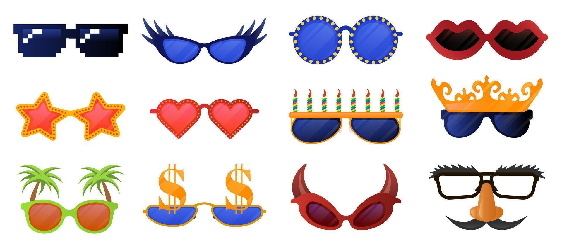 Funny party glasses. Carnival, masquerade sunglasses, photo booth party decorative glasses vector illustration icons set