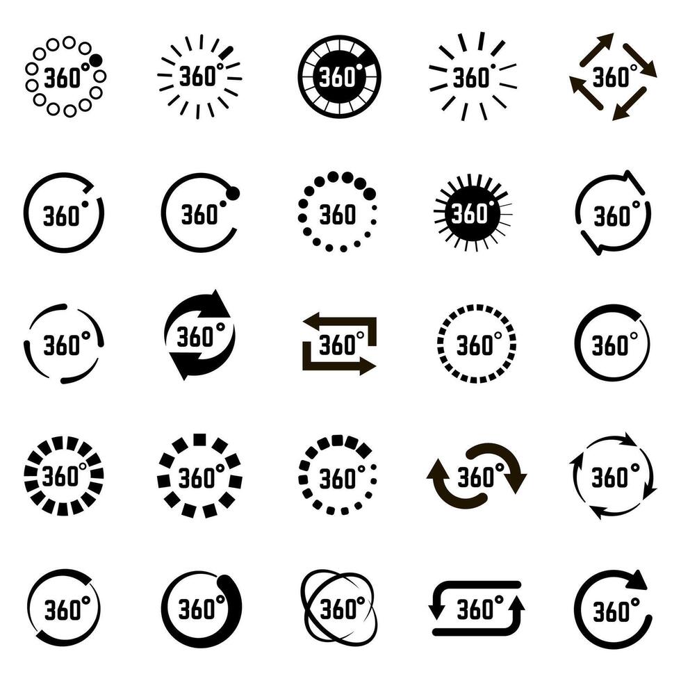 Circle 360 degrees icons. Circle arrow 360 degree panorama sign, VR technology 360 degree angle vector illustration icons set