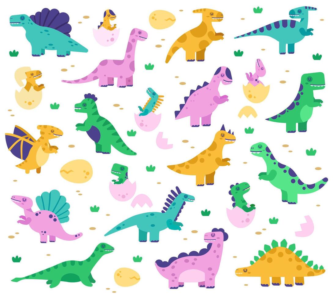 Hand drawn dinosaurs. Cute dino baby in eggs, jurassic era dinosaur characters, diplodocus and tyrannosaurus vector isolated illustration set