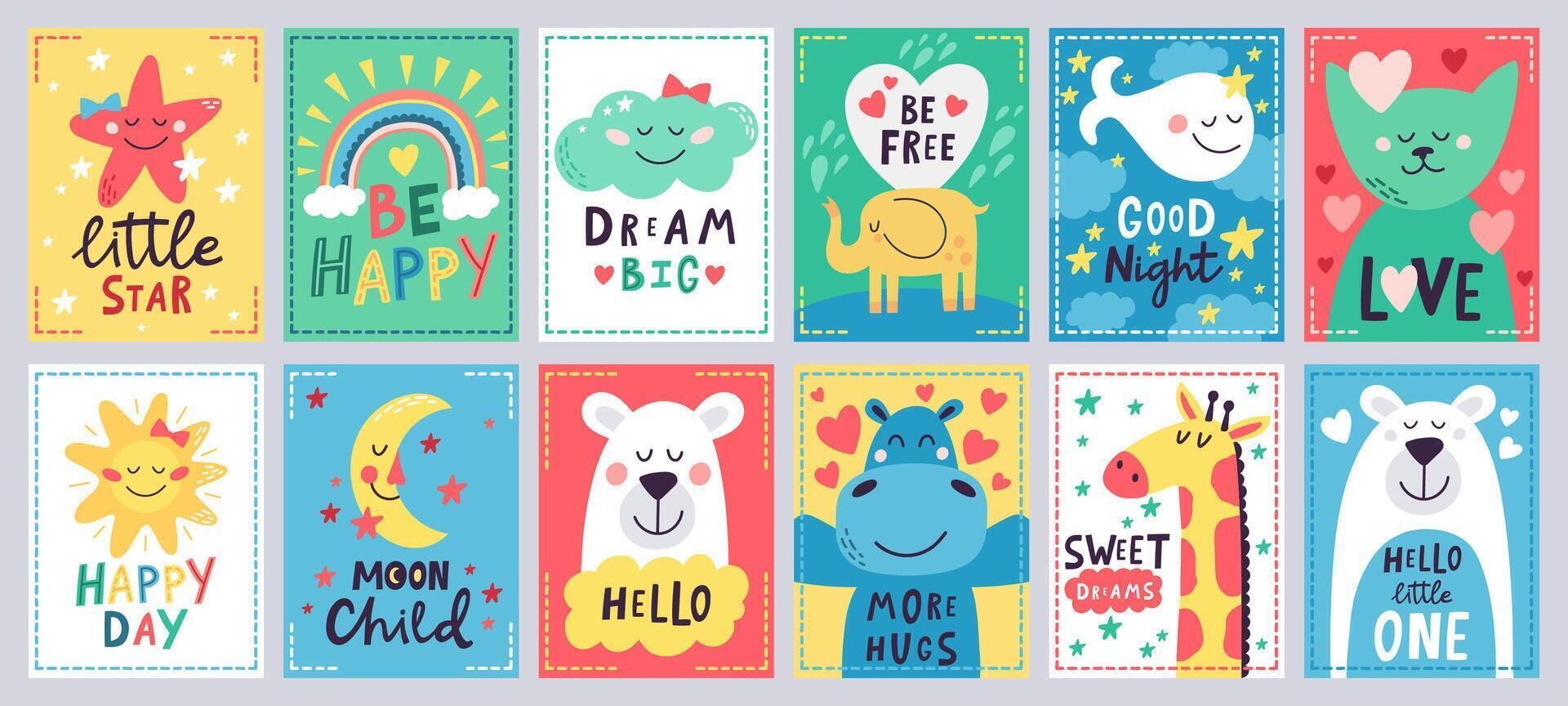 Cute baby poster. Kids play room, nursery or baby shower hand drawn cards, cute animals, moon and little star isolated vector illustration set