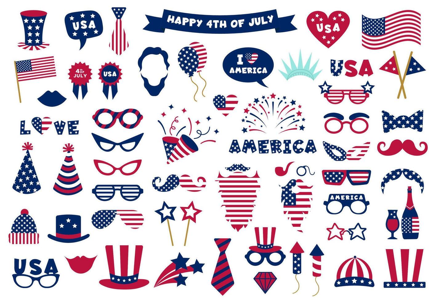 Photobooth USA patriotic props. Celebration photobooth mask, American glasses, mustache and hat, selfie photo props vector symbols set