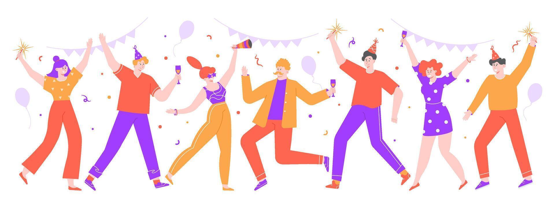 personas celebrando. contento celebracion fiesta, alegre mujer y hombres celebrando juntos con globos y papel picado. danza celebracion fiesta vector aislado ilustración. aniversario, festivo evento
