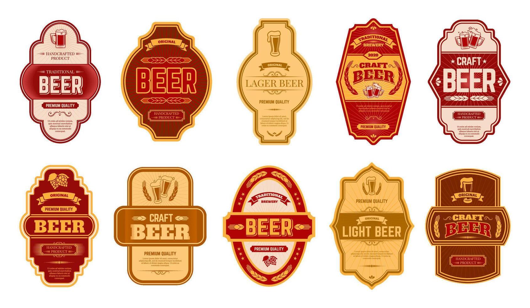 Beer vintage labels. Retro beers brewery badges, alcohol craft vintage lager can or bottle symbols vector isolated illustration set