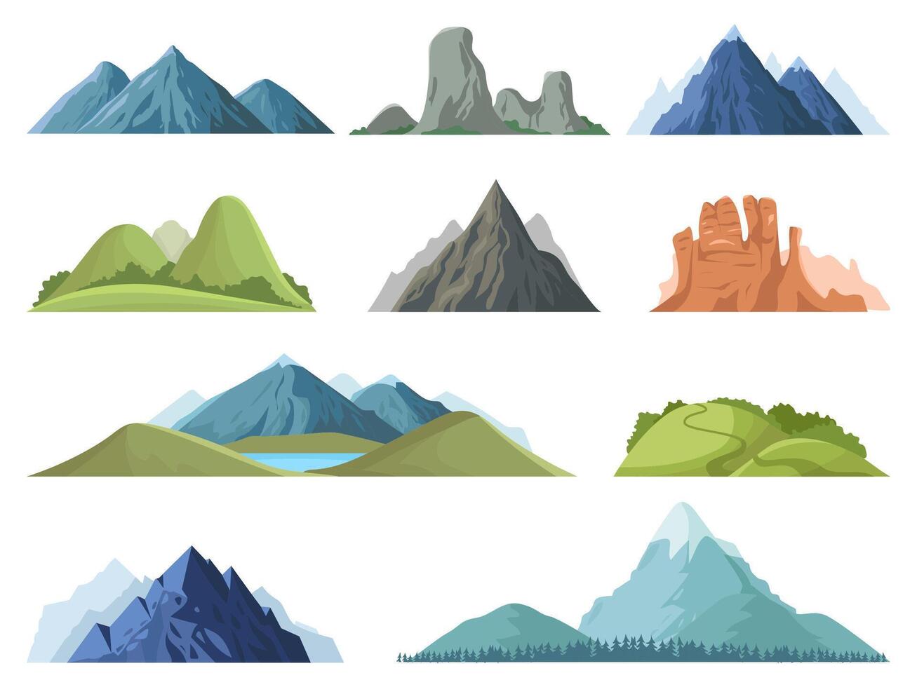 Rocky mountains. Mountain tops outdoor landscape, winter peaks, hilltop with trees, hiking mountain valley landscape vector illustration set