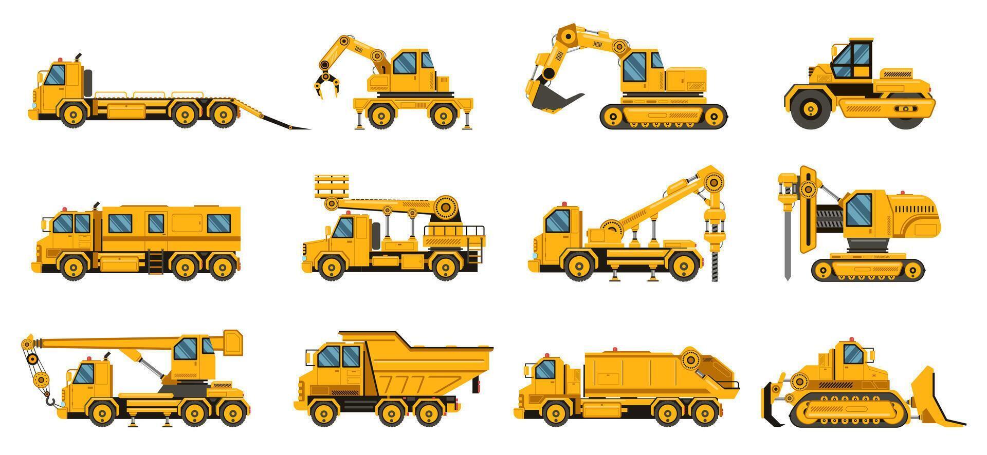Construction trucks. Equipment building trucks, excavation crane truck, tractors and bulldozers, large engine isolated vector illustration set