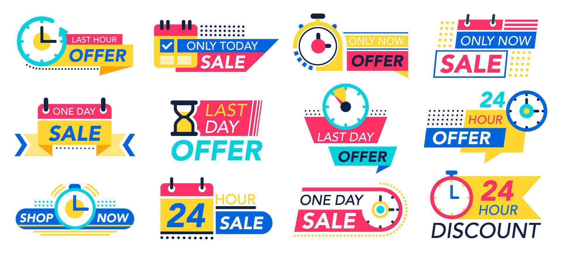 Countdown badges. Sale timer promo stickers, countdown one day sales, 24 hour labels. Last minute offer badge isolated vector illustration set
